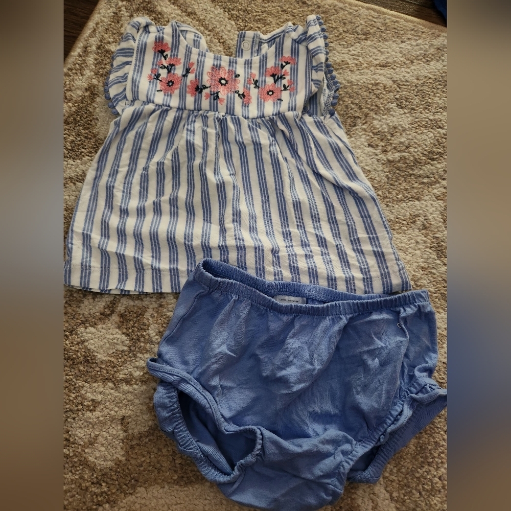 Blue Striped Kids Outfit with Floral Embroidery